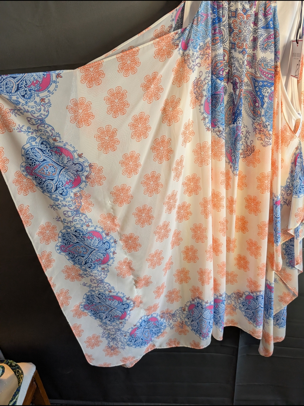 Bisou Bisou Cream Paisley Asymmetrical Halter Dress with Blue & Peach Accents - Picture 3 of 10